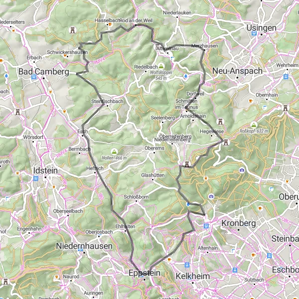 Karten-Miniaturansicht der Radinspiration "Herausforderung Feldberg: Eppstein bis Königstein im Taunus" in Darmstadt, Germany. Erstellt vom Tarmacs.app-Routenplaner für Radtouren