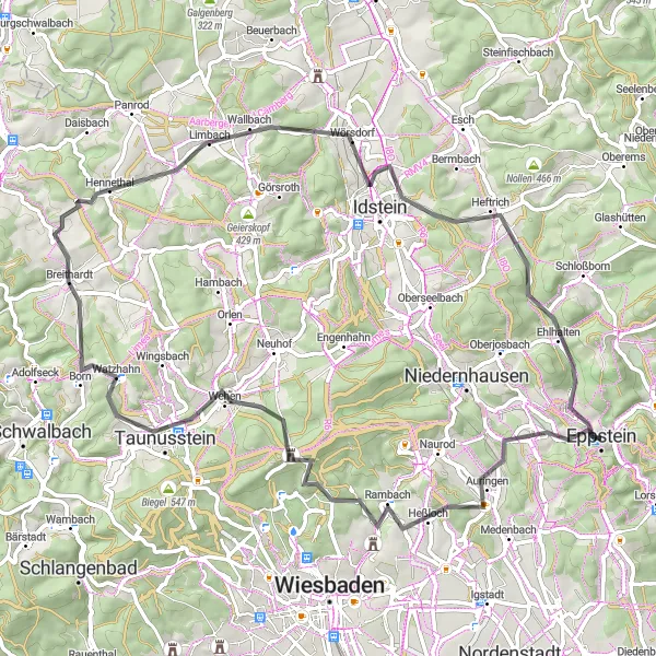 Map miniature of "Taunus Explorer" cycling inspiration in Darmstadt, Germany. Generated by Tarmacs.app cycling route planner