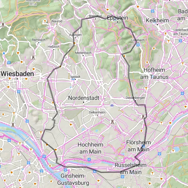 Karten-Miniaturansicht der Radinspiration "Main-Taunus-Tour von Eppstein nach Flörsheim am Main" in Darmstadt, Germany. Erstellt vom Tarmacs.app-Routenplaner für Radtouren