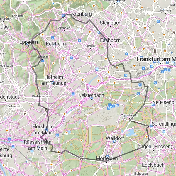 Map miniature of "Taunus Loop" cycling inspiration in Darmstadt, Germany. Generated by Tarmacs.app cycling route planner