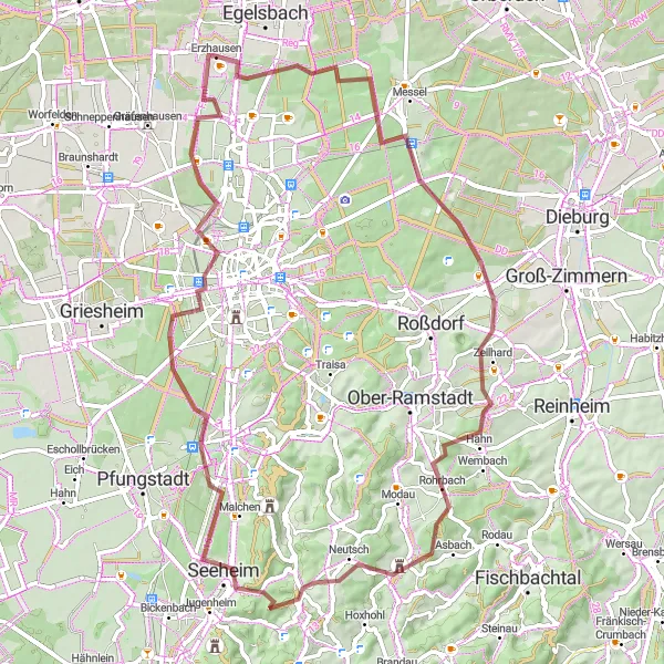 Map miniature of "Epic Gravel Ride through Joachim-Lütkemann-Hütte and Ober-Beerbach" cycling inspiration in Darmstadt, Germany. Generated by Tarmacs.app cycling route planner