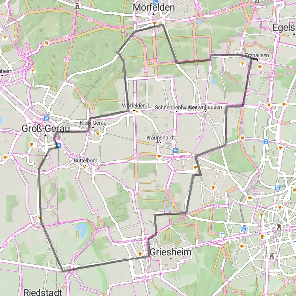 Map miniature of "Road Cycling Tour through Weiterstadt and Worfelden" cycling inspiration in Darmstadt, Germany. Generated by Tarmacs.app cycling route planner