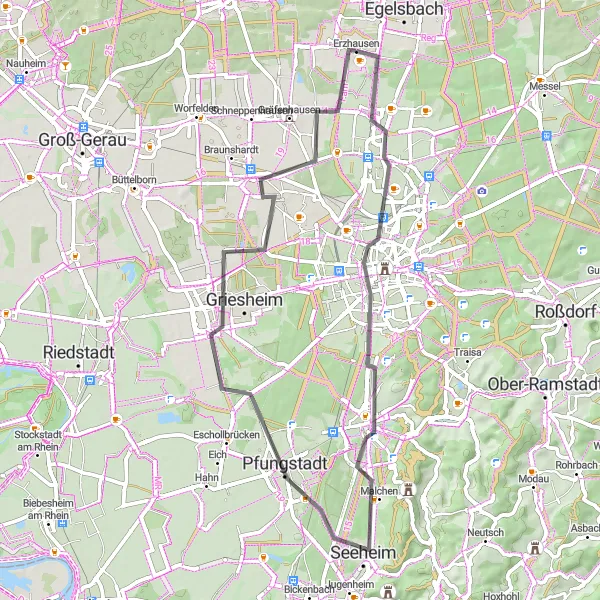 Karten-Miniaturansicht der Radinspiration "Rundtour um Darmstadt und Umgebung" in Darmstadt, Germany. Erstellt vom Tarmacs.app-Routenplaner für Radtouren