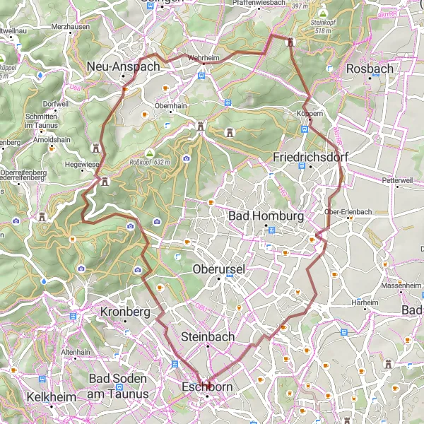 Map miniature of "Gravel Adventure: Taunus Escape" cycling inspiration in Darmstadt, Germany. Generated by Tarmacs.app cycling route planner