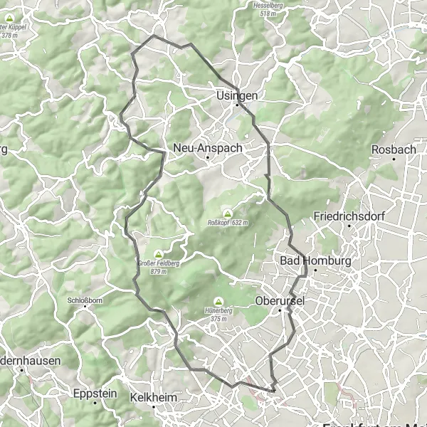 Map miniature of "Taunus Adventure: King of the Mountains" cycling inspiration in Darmstadt, Germany. Generated by Tarmacs.app cycling route planner