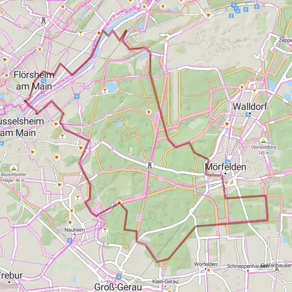 Map miniature of "Flörsheim am Main - Aussichtspunkt - Eddersheim - Alter Torfstich - Mörfelden - Flörsheim am Main" cycling inspiration in Darmstadt, Germany. Generated by Tarmacs.app cycling route planner