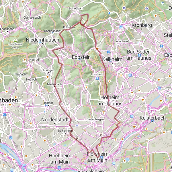Map miniature of "Gravel Adventure Around Flörsheim" cycling inspiration in Darmstadt, Germany. Generated by Tarmacs.app cycling route planner