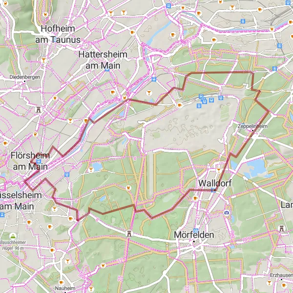 Map miniature of "Flörsheim am Main - Aussichtsplattform - Zeppelinheim - Alter Torfstich - Raunheim - Flörsheim am Main" cycling inspiration in Darmstadt, Germany. Generated by Tarmacs.app cycling route planner