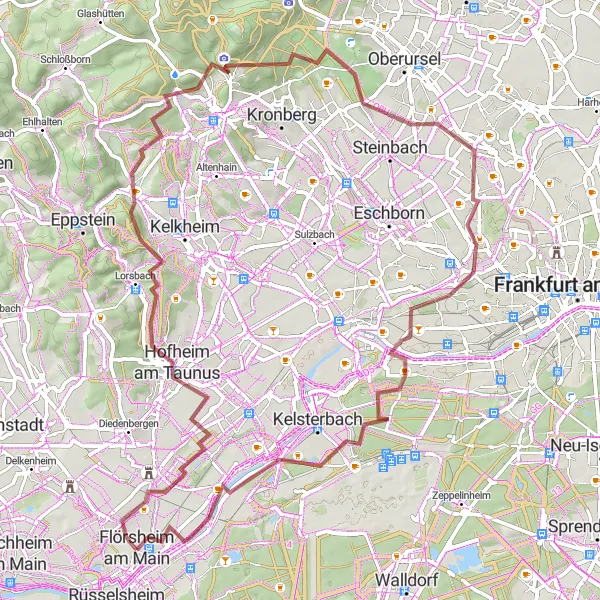Map miniature of "Scenic Gravel Loop from Flörsheim to Königstein" cycling inspiration in Darmstadt, Germany. Generated by Tarmacs.app cycling route planner