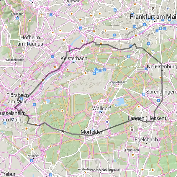 Map miniature of "Flörsheim Loop" cycling inspiration in Darmstadt, Germany. Generated by Tarmacs.app cycling route planner