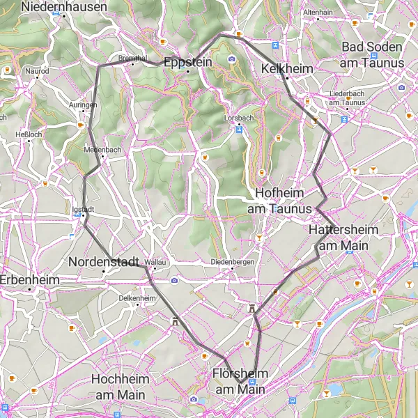 Map miniature of "Flörsheim - Wandersmann - Igstadt - Staufen - Kelkheim - Regionalpark-Turm Weilbacher Kiesgruben - Flörsheim am Main" cycling inspiration in Darmstadt, Germany. Generated by Tarmacs.app cycling route planner