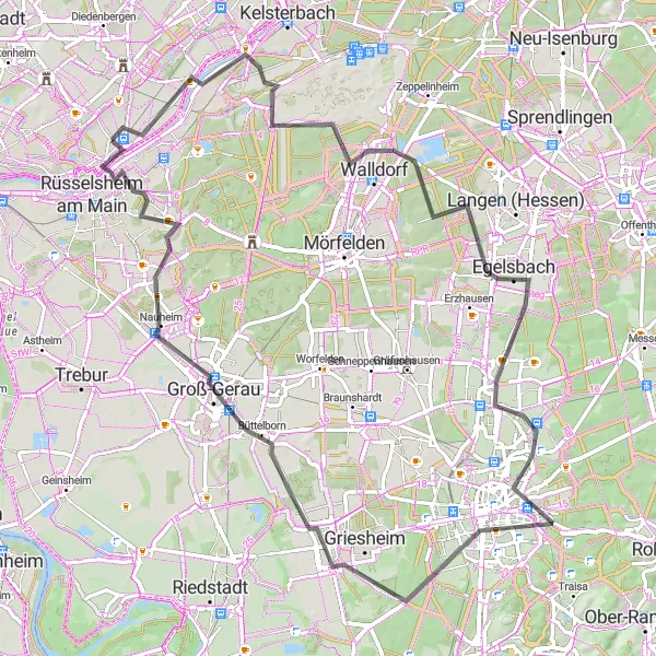 Map miniature of "From Flörsheim to Groß-Gerau" cycling inspiration in Darmstadt, Germany. Generated by Tarmacs.app cycling route planner