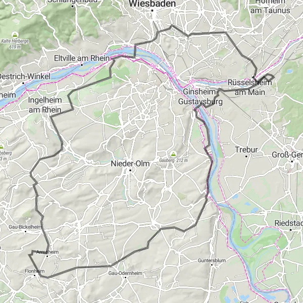 Map miniature of "Flörsheim am Main - Ginsheim-Gustavsburg - Alexander von Humboldt-Blick - Dexheim - Bechtolsheim - Röther Berg - Armsheim - Bubenheim - Biebrich - Wandersmann - Raunheim - Flörsheim am Main" cycling inspiration in Darmstadt, Germany. Generated by Tarmacs.app cycling route planner