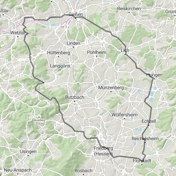 Map miniature of "Hesse Explorer" cycling inspiration in Darmstadt, Germany. Generated by Tarmacs.app cycling route planner