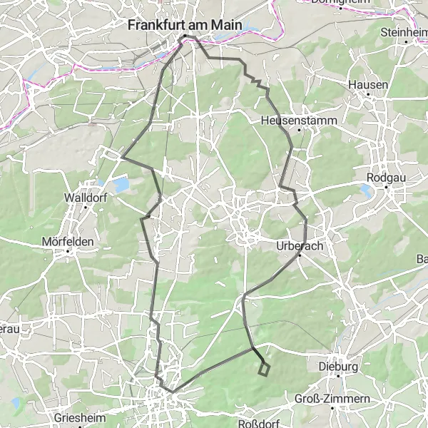 Map miniature of "Frankfurt Gravel Adventure" cycling inspiration in Darmstadt, Germany. Generated by Tarmacs.app cycling route planner