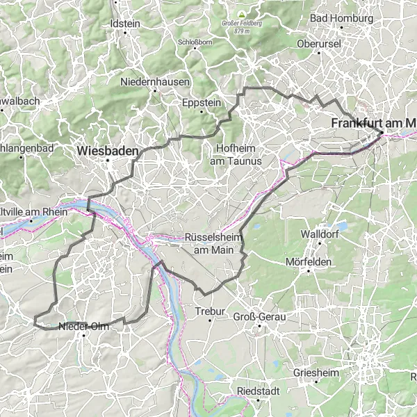 Map miniature of "Scenic Adventure through Rhein-Main-District" cycling inspiration in Darmstadt, Germany. Generated by Tarmacs.app cycling route planner