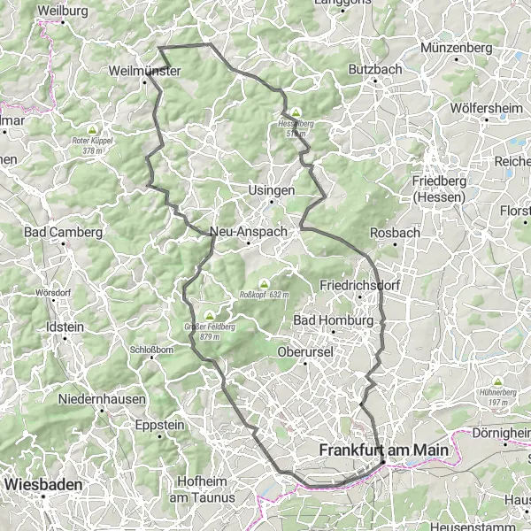 Map miniature of "The Taunus Challenge" cycling inspiration in Darmstadt, Germany. Generated by Tarmacs.app cycling route planner