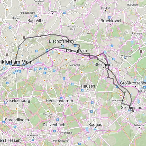 Map miniature of "The Hanau Loop" cycling inspiration in Darmstadt, Germany. Generated by Tarmacs.app cycling route planner