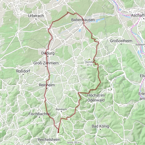 Map miniature of "Odenwald Loop" cycling inspiration in Darmstadt, Germany. Generated by Tarmacs.app cycling route planner