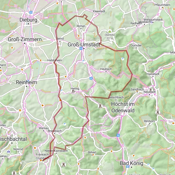 Map miniature of "Ober-Klingen Loop" cycling inspiration in Darmstadt, Germany. Generated by Tarmacs.app cycling route planner