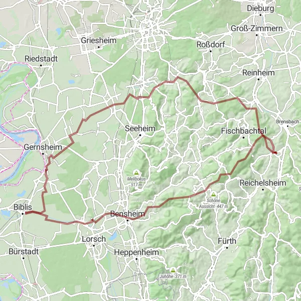 Map miniature of "Hilltop Adventure" cycling inspiration in Darmstadt, Germany. Generated by Tarmacs.app cycling route planner