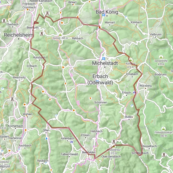 Map miniature of "Odenwald Adventure" cycling inspiration in Darmstadt, Germany. Generated by Tarmacs.app cycling route planner