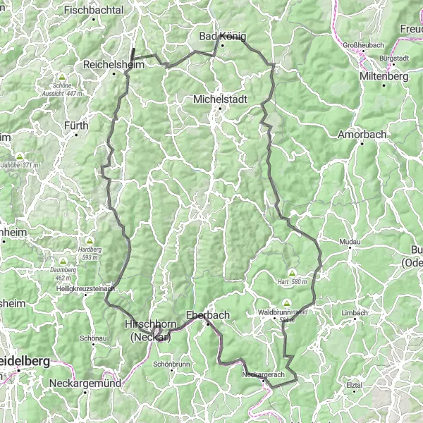 Map miniature of "Eberbach Adventure" cycling inspiration in Darmstadt, Germany. Generated by Tarmacs.app cycling route planner