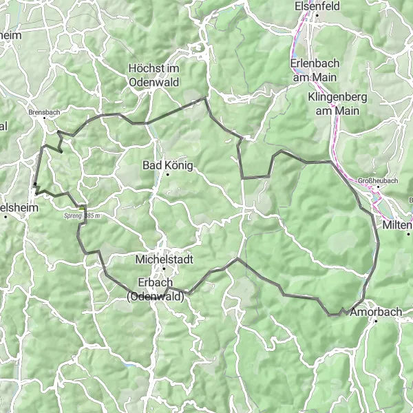 Map miniature of "Odenwald Road Adventure" cycling inspiration in Darmstadt, Germany. Generated by Tarmacs.app cycling route planner