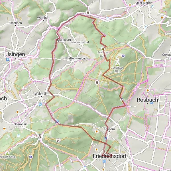 Map miniature of "The Countryside Gravel Route" cycling inspiration in Darmstadt, Germany. Generated by Tarmacs.app cycling route planner