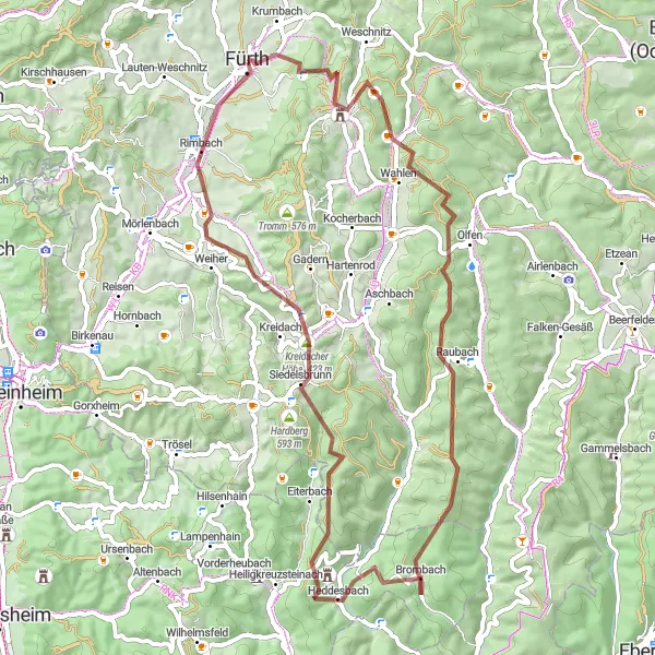 Karten-Miniaturansicht der Radinspiration "Rundkurs ab Fürth: Siedelsbrunn und Fockenberg" in Darmstadt, Germany. Erstellt vom Tarmacs.app-Routenplaner für Radtouren