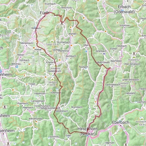 Map miniature of "Gravel Adventure through the Odenwald Forest" cycling inspiration in Darmstadt, Germany. Generated by Tarmacs.app cycling route planner