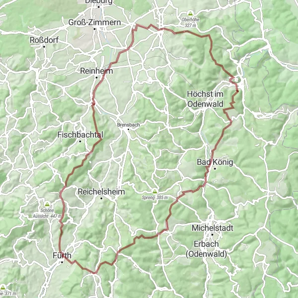 Map miniature of "Gravel Adventure in the Odenwald Forest" cycling inspiration in Darmstadt, Germany. Generated by Tarmacs.app cycling route planner