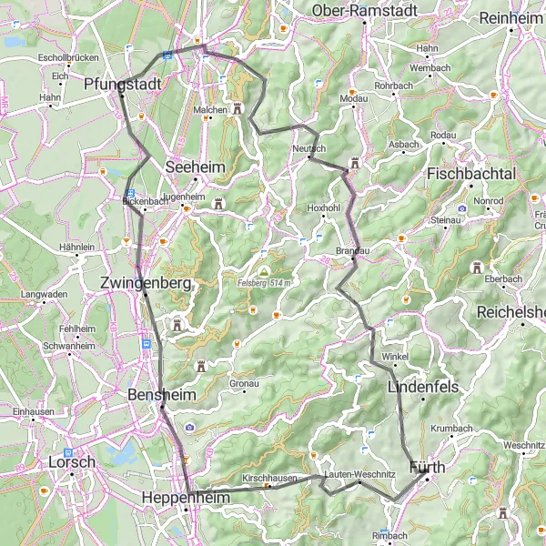 Map miniature of "From Fürth to Darmstadt: An Enchanting Road Cycling Experience" cycling inspiration in Darmstadt, Germany. Generated by Tarmacs.app cycling route planner