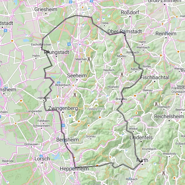 Map miniature of "Fürth to Darmstadt: A Scenic Road Cycling Adventure" cycling inspiration in Darmstadt, Germany. Generated by Tarmacs.app cycling route planner