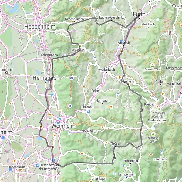 Map miniature of "The Majestic Roads of the Odenwald" cycling inspiration in Darmstadt, Germany. Generated by Tarmacs.app cycling route planner
