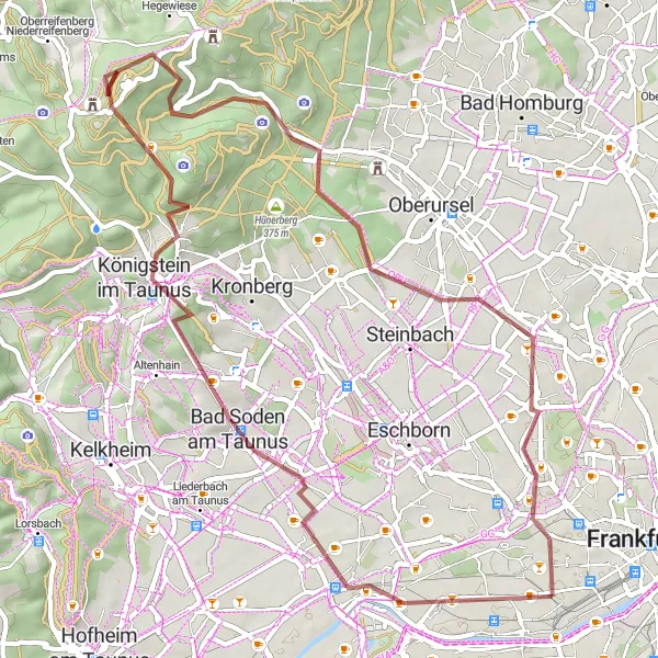 Map miniature of "Taunus Gravel Adventure" cycling inspiration in Darmstadt, Germany. Generated by Tarmacs.app cycling route planner