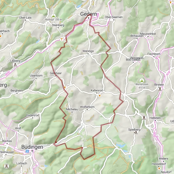 Karten-Miniaturansicht der Radinspiration "Gravel-Rundkurs um Gedern" in Darmstadt, Germany. Erstellt vom Tarmacs.app-Routenplaner für Radtouren