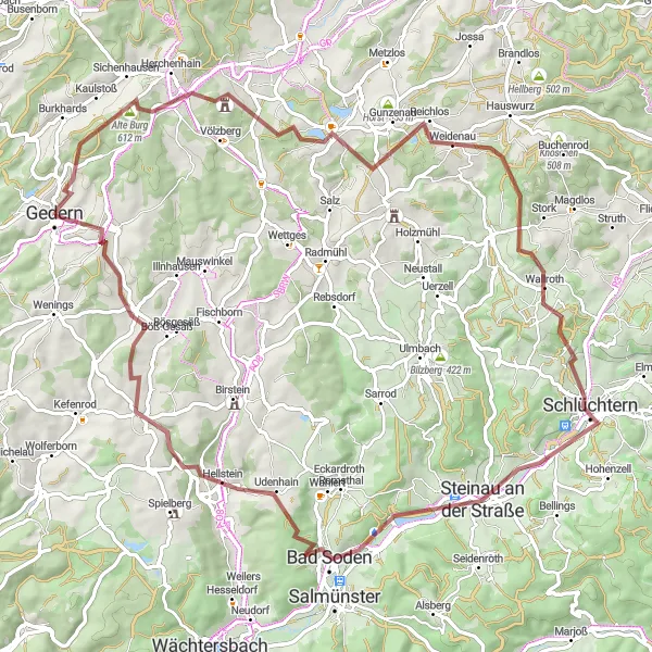 Map miniature of "Gravel Adventure to Schlüchtern and Steinau" cycling inspiration in Darmstadt, Germany. Generated by Tarmacs.app cycling route planner