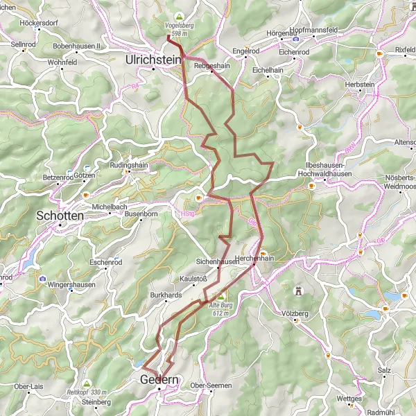 Map miniature of "Scenic Gravel Route to Hoherodskopf and Herchenhainer Höhe" cycling inspiration in Darmstadt, Germany. Generated by Tarmacs.app cycling route planner