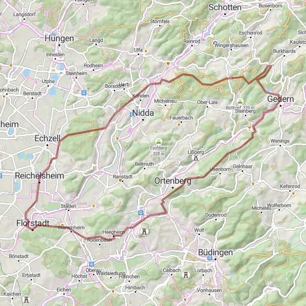 Map miniature of "Gravel Adventure through Usenborn and Stammheim" cycling inspiration in Darmstadt, Germany. Generated by Tarmacs.app cycling route planner