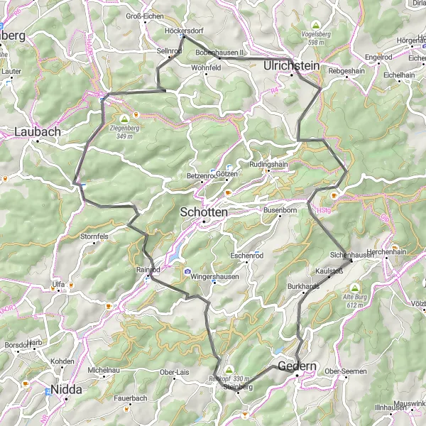 Map miniature of "Gedern Loop" cycling inspiration in Darmstadt, Germany. Generated by Tarmacs.app cycling route planner