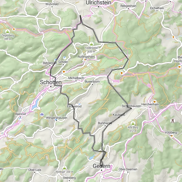 Map miniature of "Gedern Highlights" cycling inspiration in Darmstadt, Germany. Generated by Tarmacs.app cycling route planner