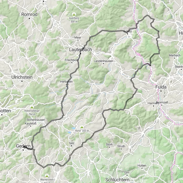 Map miniature of "Rhein-Weser-Wasserscheide Loop" cycling inspiration in Darmstadt, Germany. Generated by Tarmacs.app cycling route planner