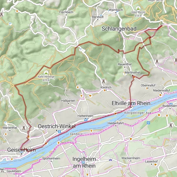 Map miniature of "Geisenheim Loop via Peerenboom Hütte and Große Hub" cycling inspiration in Darmstadt, Germany. Generated by Tarmacs.app cycling route planner