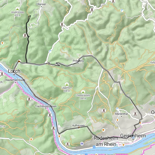 Karten-Miniaturansicht der Radinspiration "Kurze Rundtour von Geisenheim nach Johannisberg" in Darmstadt, Germany. Erstellt vom Tarmacs.app-Routenplaner für Radtouren