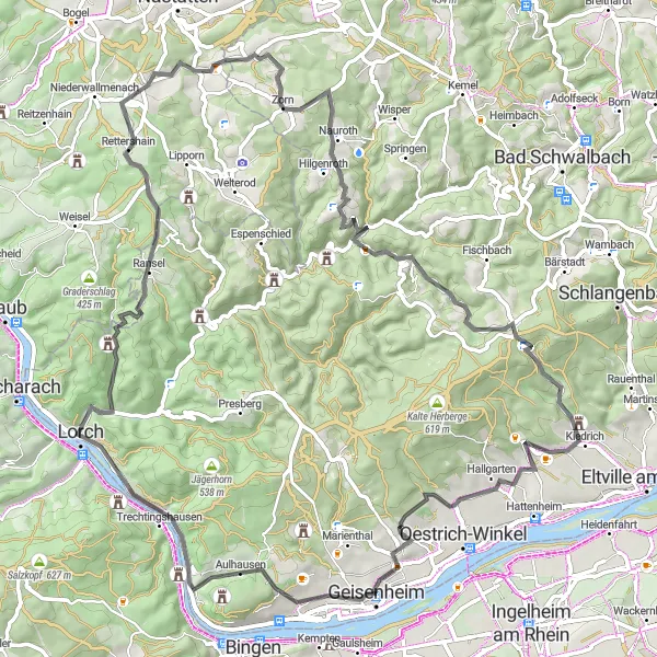 Karten-Miniaturansicht der Radinspiration "Rundfahrt von Geisenheim über Aulhausen und Johannisberg" in Darmstadt, Germany. Erstellt vom Tarmacs.app-Routenplaner für Radtouren