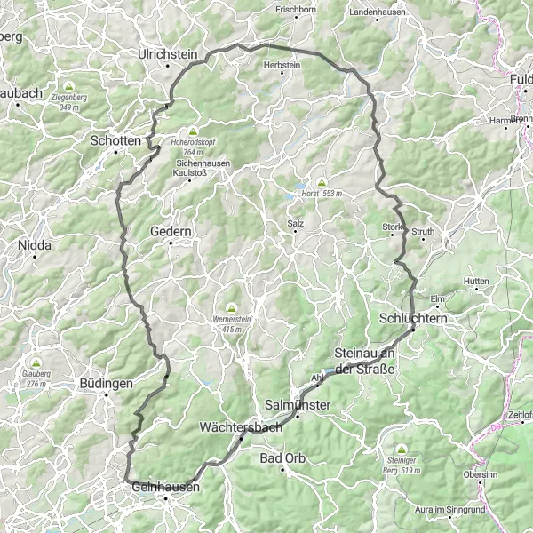 Map miniature of "Scenic Roads of Gelnhausen" cycling inspiration in Darmstadt, Germany. Generated by Tarmacs.app cycling route planner