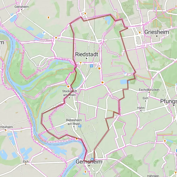 Map miniature of "Riverside Adventure" cycling inspiration in Darmstadt, Germany. Generated by Tarmacs.app cycling route planner