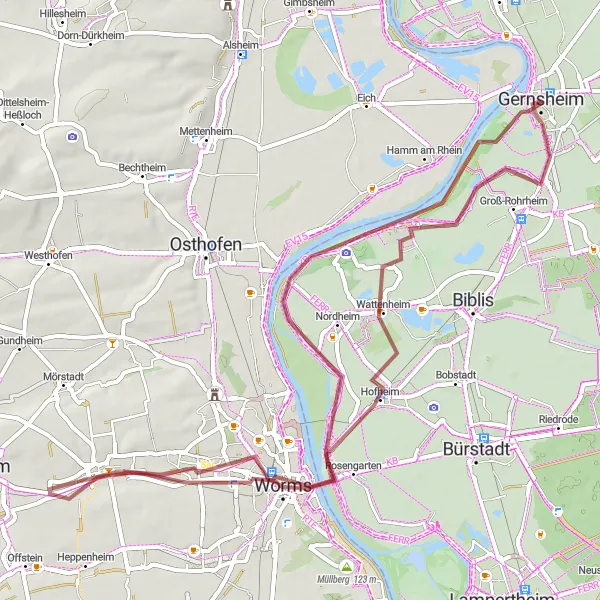 Map miniature of "Exploring Worms and Beyond" cycling inspiration in Darmstadt, Germany. Generated by Tarmacs.app cycling route planner