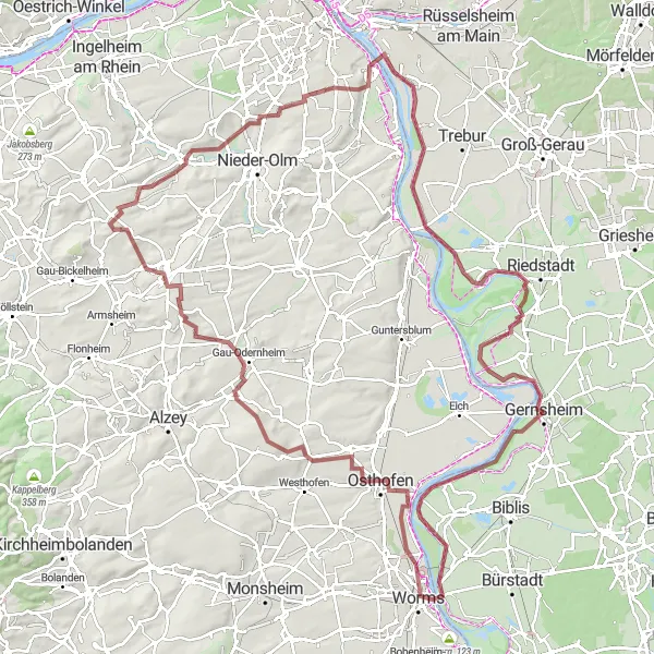 Karten-Miniaturansicht der Radinspiration "Epische Gravel-Tour durch Rheinhessen" in Darmstadt, Germany. Erstellt vom Tarmacs.app-Routenplaner für Radtouren